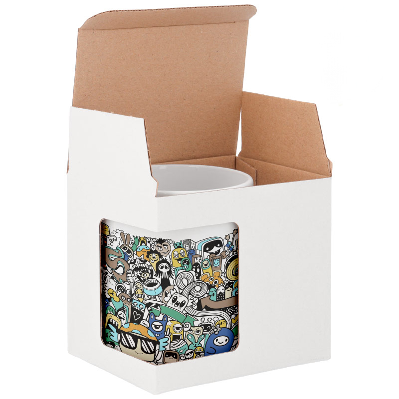 "Caja blanca automontable con ventana para taza – Pack de 50 unidades"