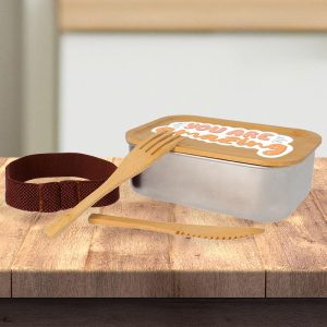 "Fiambrera de acero inoxidable con cubiertos y tapa de bambú – Comida saludable y sostenible"