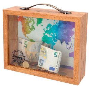 "Hucha portafotos de madera forma maleta – Decoración original y funcional"