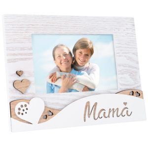 "Portafotos con texto Mamá de madera decapé – Personalización rústica y elegante"