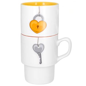 "Taza blanca apilable sublimable con interior de color, ideal para personalización creativa y almacenamiento eficiente"