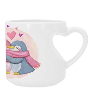 "Taza de cerámica sublimable con asa en forma de corazón, perfecta para personalización romántica"