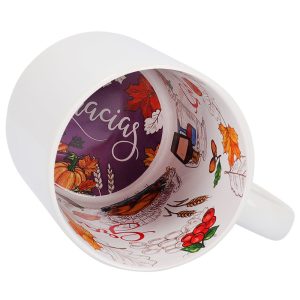 "Taza sublimable con interior preimpreso con la palabra 'Gracias', ideal para regalos personalizados"