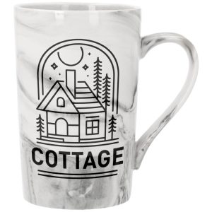 "Taza cónica sublimable con acabado efecto mármol, ideal para personalización elegante"