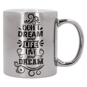 "Taza de cerámica para sublimación efecto metalizado – Personalización brillante y moderna"