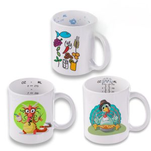 "Tazas sublimables con medidor interior impreso, ideales para personalización y control de porciones"