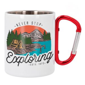 "Taza para sublimación de acero inoxidable con asa mosquetón – Personalización práctica y resistente"