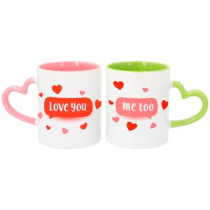 "Taza para sublimación con asa en forma de corazón e interior de color – Personalizable con fotos y frases"