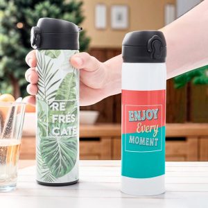 "Termo de acero inoxidable sublimable con tapa negra – Personalizable y térmico"